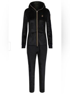 Maribel Women's Black Velvet Zip-Up Jumpsuit with Hood